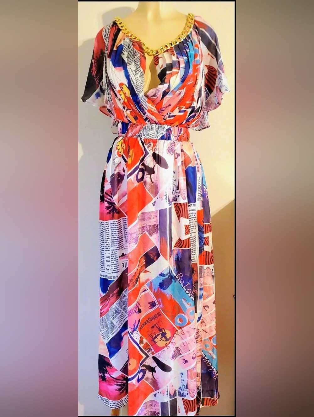 Vibrant Multi-Color Maxi Dress with Gold Chain Neckline